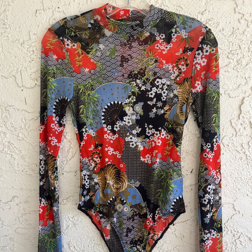 FOREVER 21 Mesh Bodysuit Sheer Long Sleeve Stretch Asian Floral Print Size S